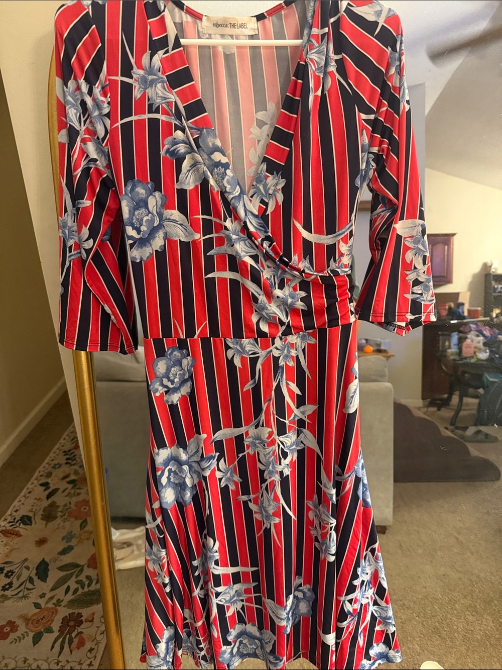 Rebecca Taylor Red and Blue Striped Floral Wrap Midi Dress